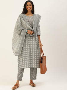 Women Grey Ethnic Motifs Printed Beads and Stones Pure Cotton Kurta with Trousers & With Dupatta