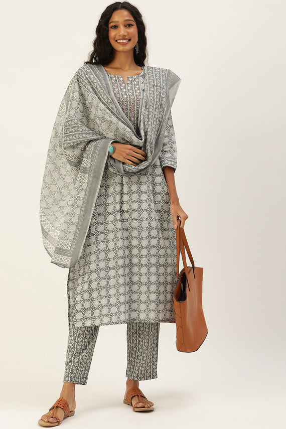 Women Grey Ethnic Motifs Printed Beads and Stones Pure Cotton Kurta with Trousers & With Dupatta
