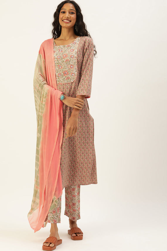 Women Olive Green Ethnic Motifs Printed Sequinned Pure Cotton Kurta with Trousers & With Dupatta