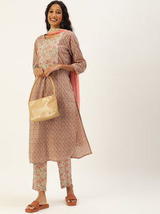 Women Olive Green Ethnic Motifs Printed Sequinned Pure Cotton Kurta with Trousers & With Dupatta