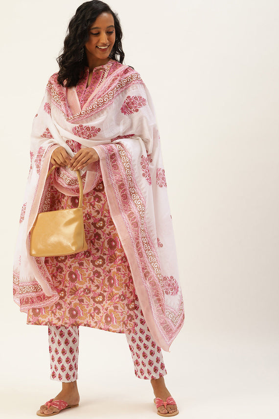 Women Pink Ethnic Motifs Printed Thread Work Pure Cotton Kurta with Trousers & With Dupatta