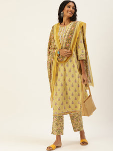 Women Yellow Pure Cotton Ethnic Printed Gotta Patti Kurta with Trousers & Dupatta