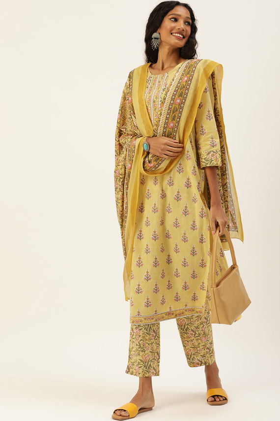 Women Yellow Pure Cotton Ethnic Printed Gotta Patti Kurta with Trousers & Dupatta